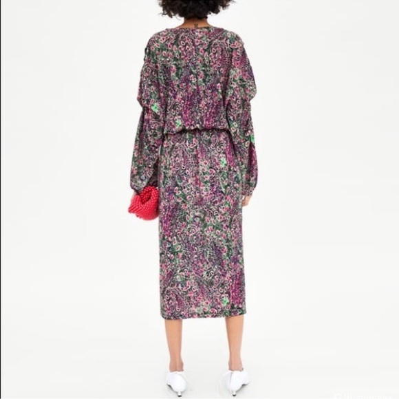 Zara Peacock Feather Puff Sleeve Dress - Picture 3 of 8